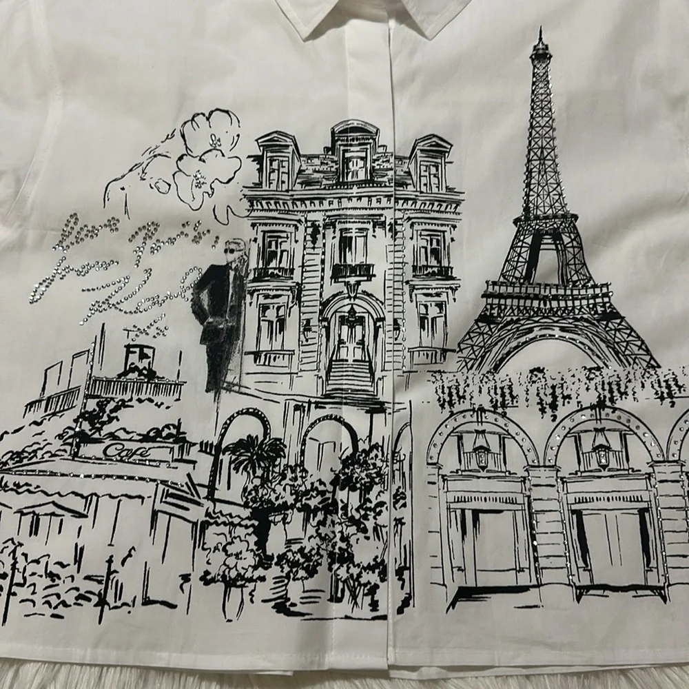 KARL LAGERFELD PARIS Cotton Crop Paris Scene Button-Front Top - Picture 7 of 10